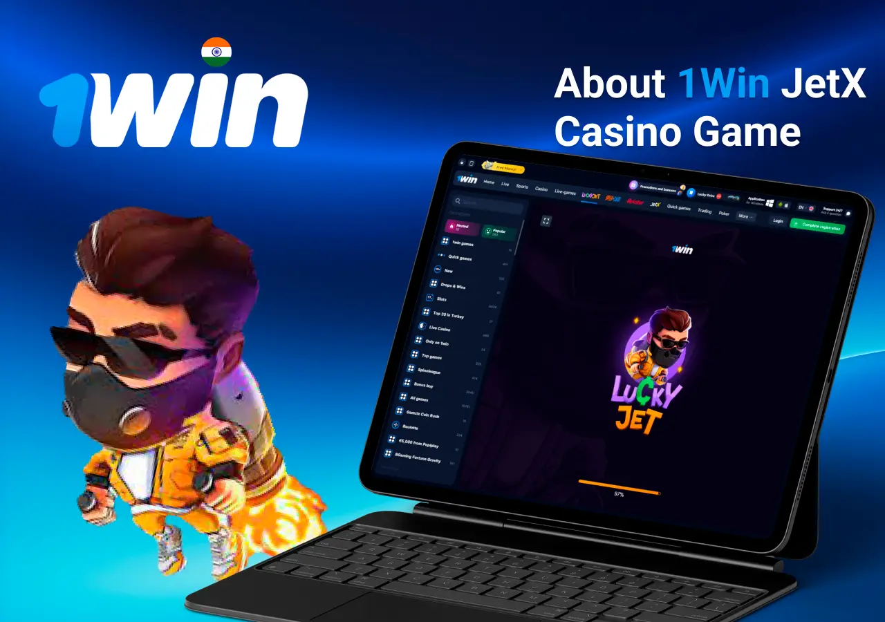 Overview of 1Win’s Lucky Jet casino game, featuring a character flying with a jetpack